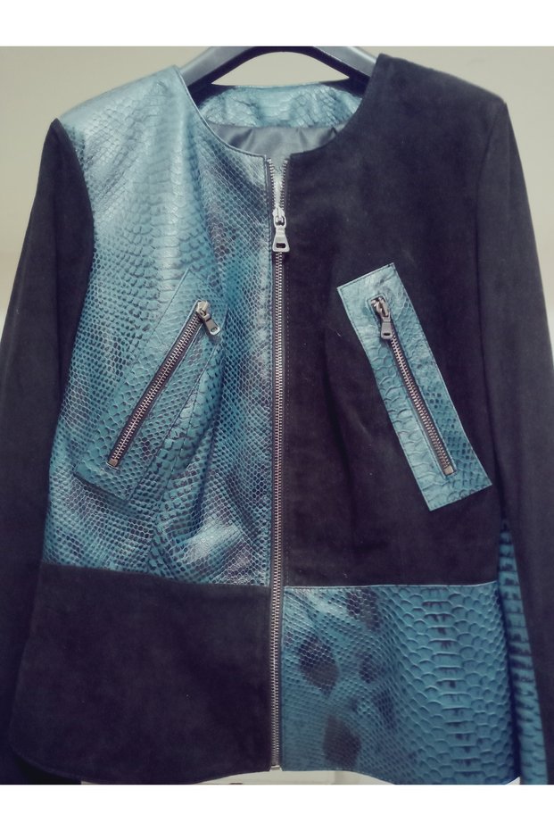 Genuine Lambskin Soft Leather, Snake Print Pattern Leather Coat Blazer Crop Coat