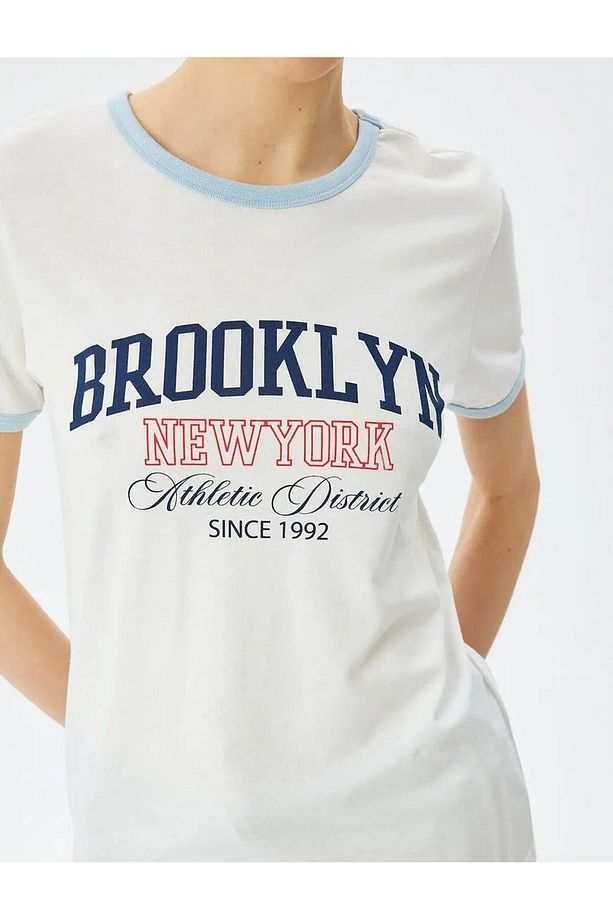 Slogan Baskılı Pamuklu Bisiklet Yaka Kısa Kollu Tişört - 4