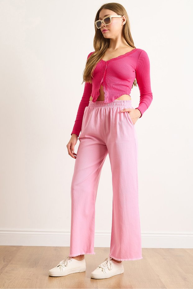 Women's Pink Elastic Waist Pocketed Leg Tassel Detailed Washable Gabardine Trousers Pnt-19000351