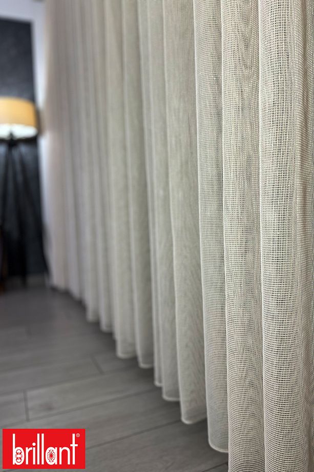 Örme Bej 1/3 Sık Pileli Ütü İstemez Kırışmaz Düz File Tül Perde - 3