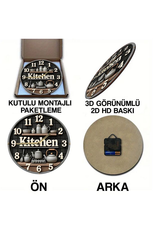 Sessiz yuvarlak ahşap duvar saati, kuvars hareketli, 3D ve 2D tasarım, mutfak serisi - 4