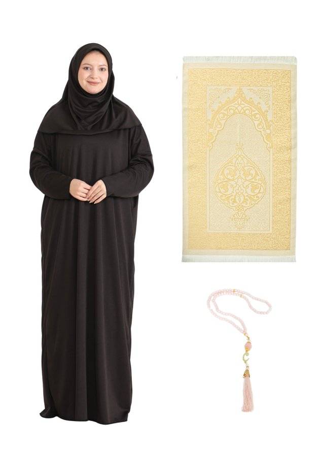 Prayer Dress Scarf Prayer Rug Prayer Beads Set, Islamic Clothing Set Ferace Turban Shawl - Brown