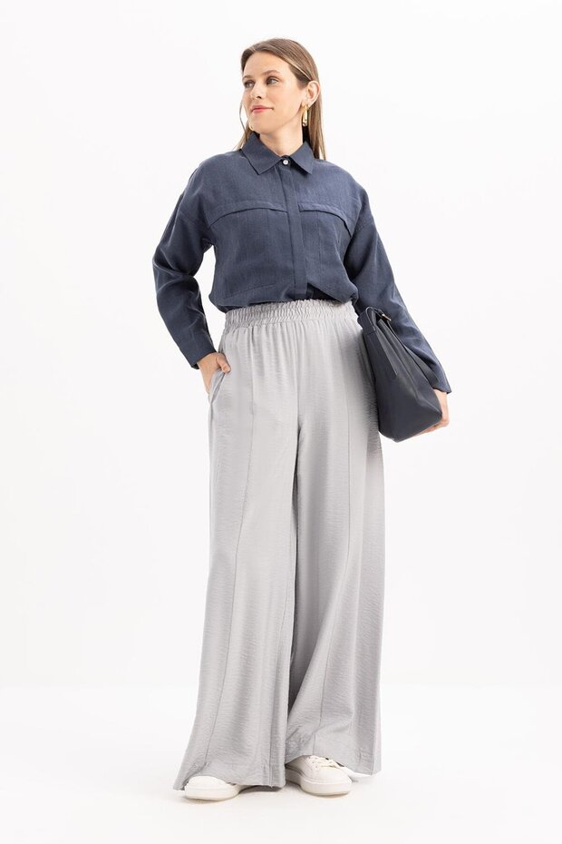 Gray-Waist Elastic Wide Leg Trousers