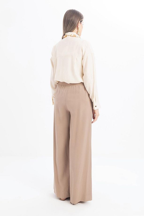 Vizon-Beli Lastikli Geniş Paça Pantolon - 3