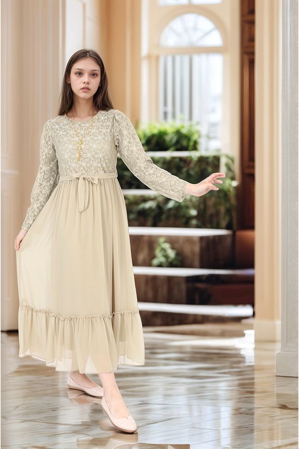 Kız Çocuk Tesettür Abiye Elbise-Pamuk Astarlı Şifon Kumaş - 4