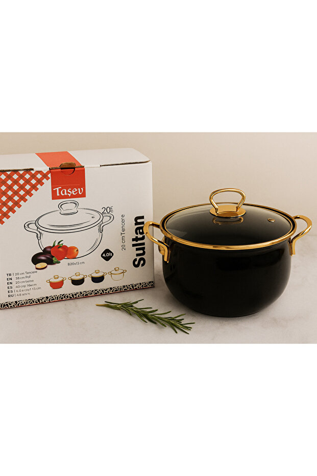 Taşev Sultan Series 20 cm Black Enamel Deep Pot – Gold Handle, Stylish and Durable Design - 1