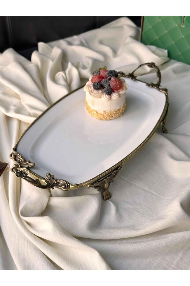 طبق مستطيل أبيض عتيق بمقبض 38 سم - 1