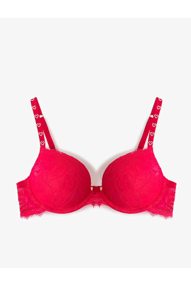 Stone Detailed Heart Supported Maximizer Lace Bra