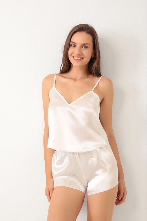 Saten Ayarlanabilir Askılı Şort Pijama Takım - 3
