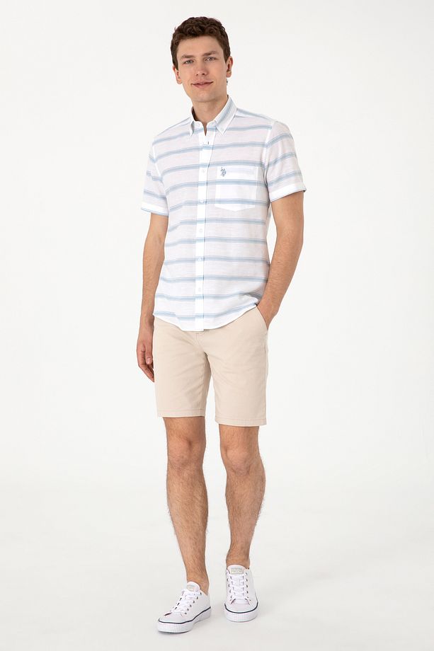 U.s. Polo Assn. Erkek Mavi Kısa Kollu Regular Keten Karışımlı Gömlek 2106624 - 4