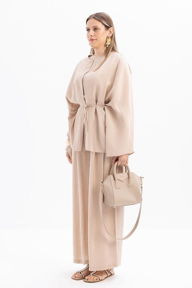 Bej-Belden Bağcıklı Modal Kimono - 4