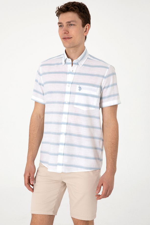 U.s. Polo Assn. Erkek Mavi Kısa Kollu Regular Keten Karışımlı Gömlek 2106624 - 3
