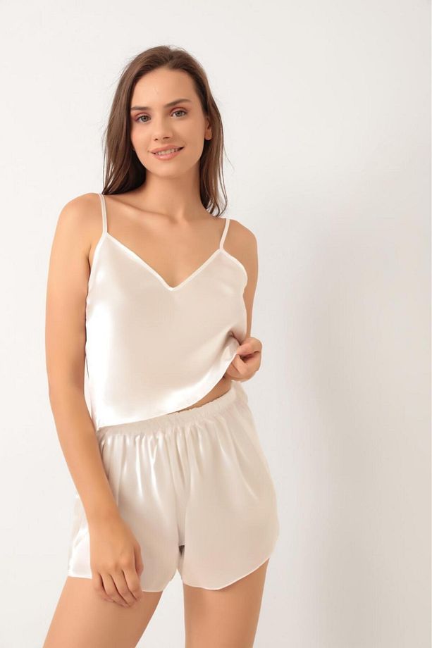 Saten Ayarlanabilir Askılı Şort Pijama Takım - 5