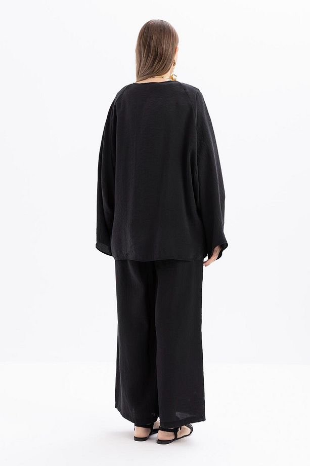 Siyah-Belden Bağcıklı Modal Kimono - 4