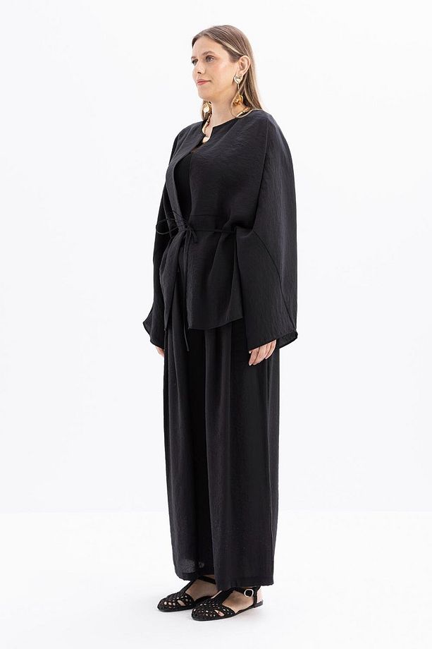 Siyah-Belden Bağcıklı Modal Kimono - 3