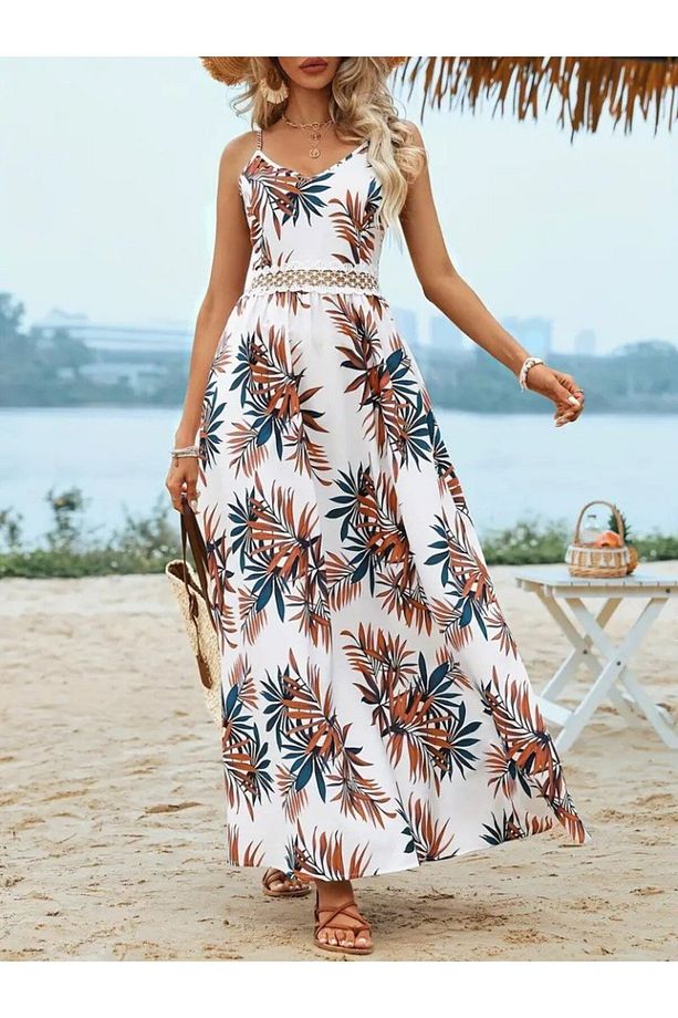 Fü&Me Style Kadın İp Askılı Belde Dantel Detaylı Desenli Uzun Elbise - 4