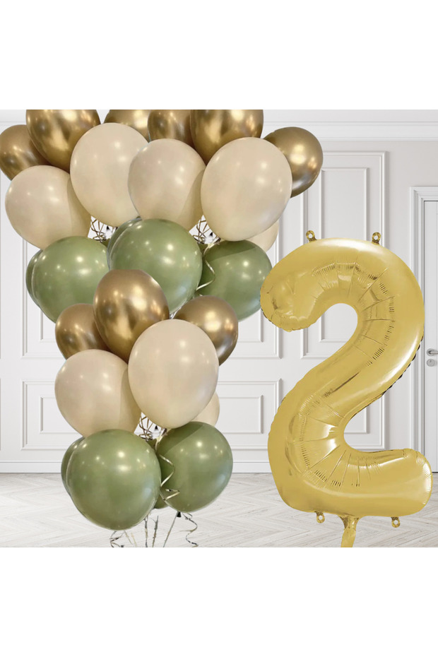 2 Years Retro Mildew Green Chrome Gold Sand Beige Balloon Set Gold Number Birthday Balloon Stylish Party Ornament