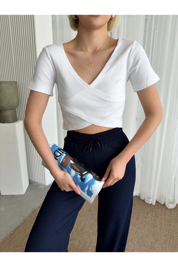 Women's White Double Breasted Detailed Camisole Crop Blouse