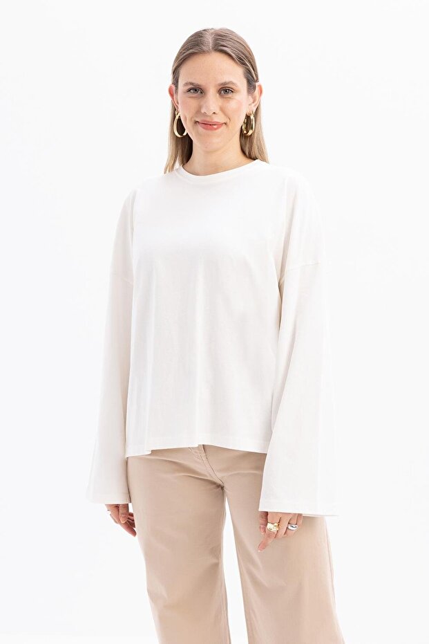 Ecru-Long Back Single Jersey T-Shirt