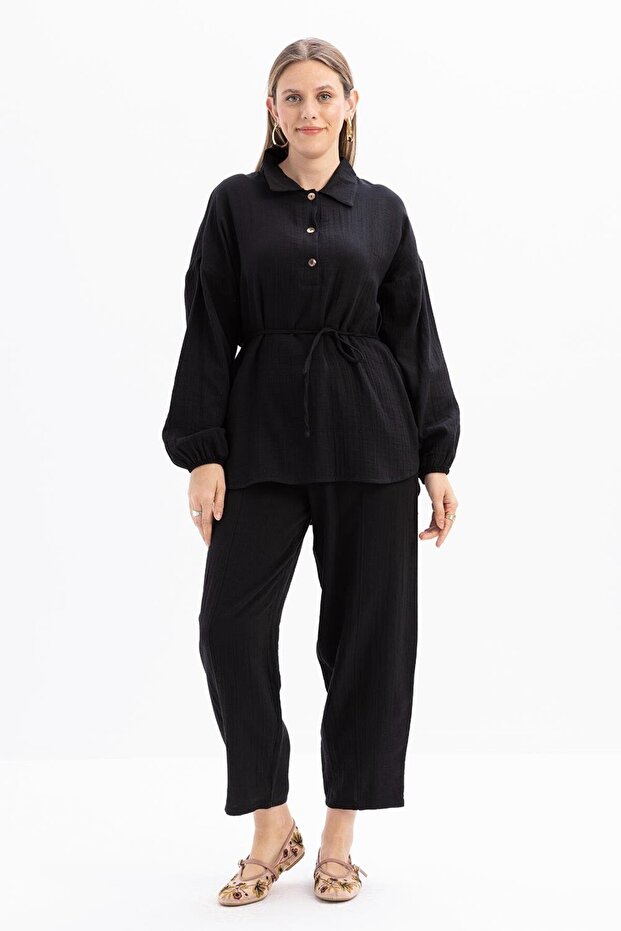 Black-Half Placket Buttoned Muslin Tunic - 1