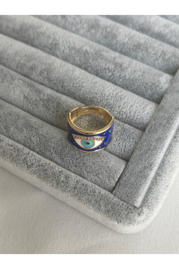 خاتم عين منقوش بالمينا باللون الأزرق الداكن - 3