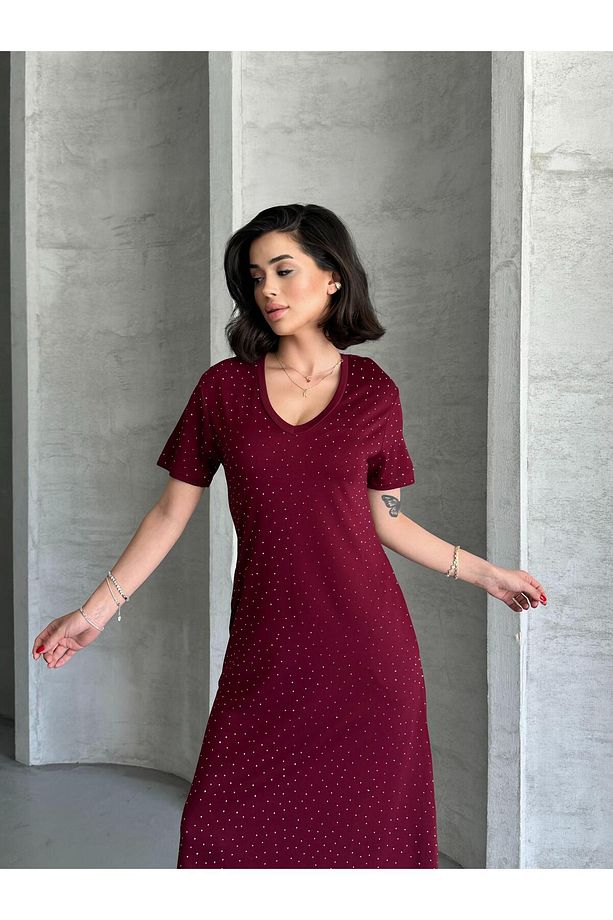 Modal Kumaş Taşlı Elbise - 5