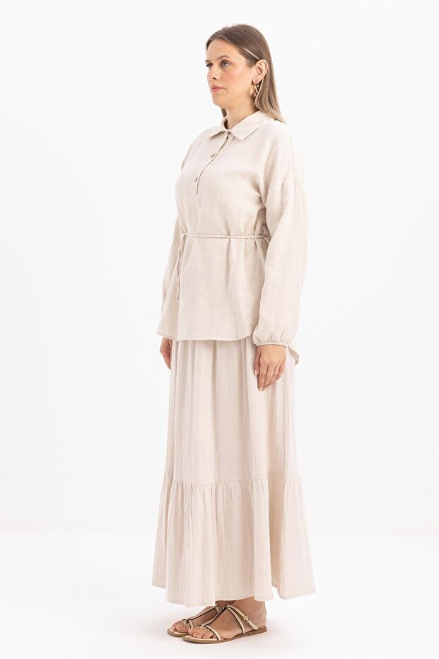 Stone-Half Patch Buttoned Muslin Tunic - 3