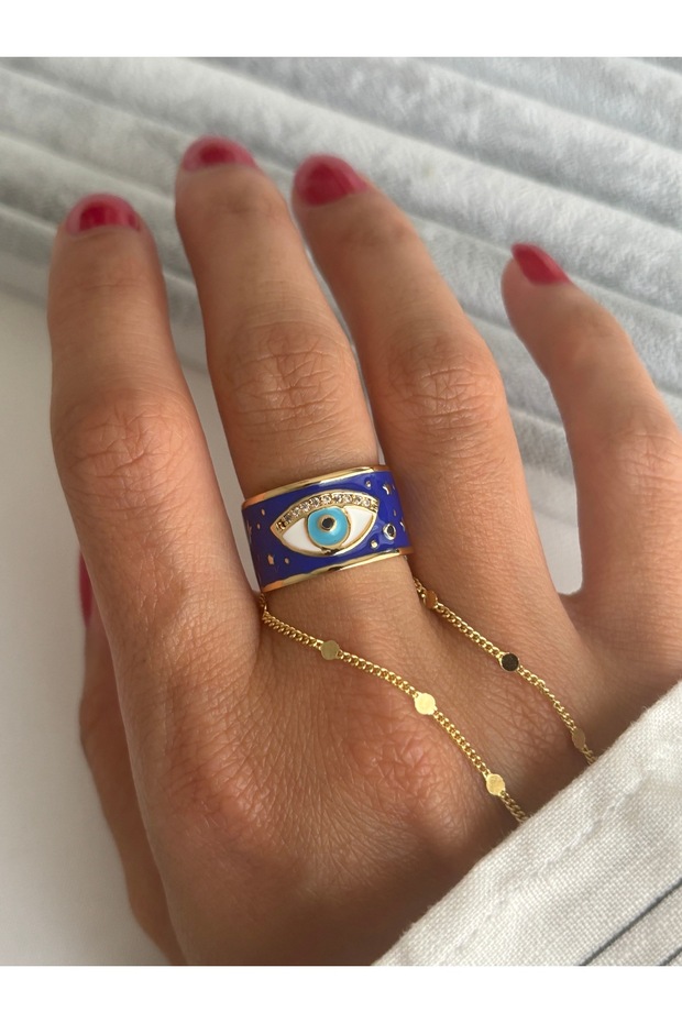 خاتم عين منقوش بالمينا باللون الأزرق الداكن - 4