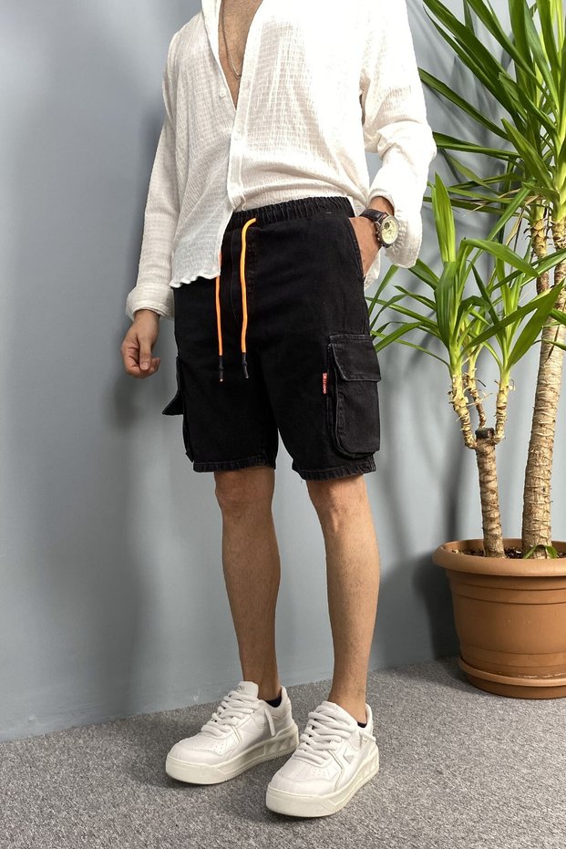 Black Denim Shorts with Cargo Pockets and Lace-Up