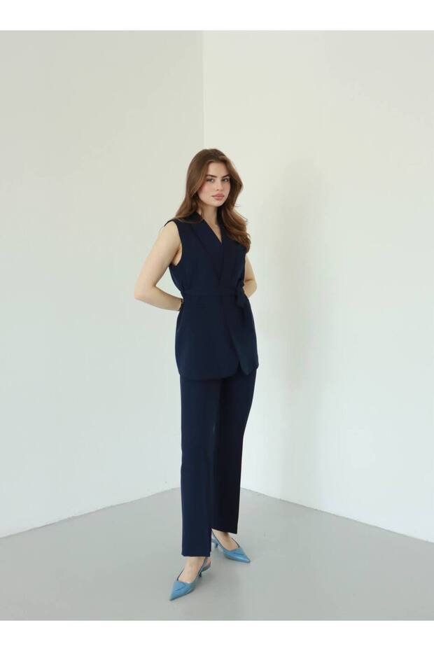 Women's Blazer Jacket Vest Belted Double Suit Navy Blue