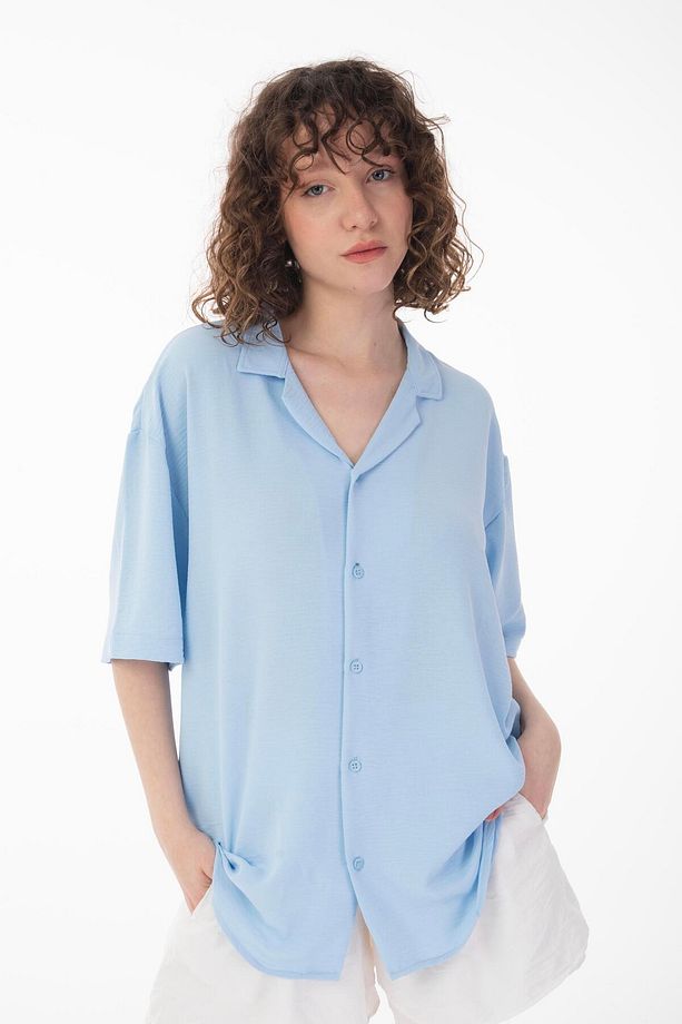 R-3737 Hafif Oversize Apaş Yaka Kısa Kol Ayrobin Gömlek - 4