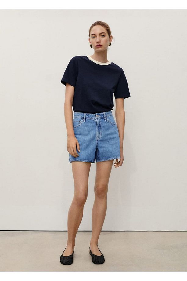 Yüksek bel düz kesim denim şort - 2