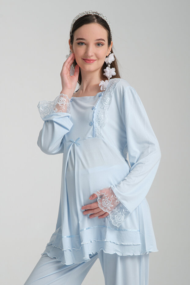 Hamile Lohusa Gecelik pijama Takımı Sabahlıklı full Set Zarif Lohusa seti - 6