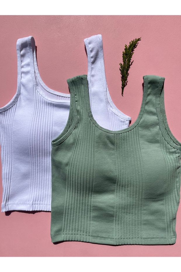 Cotton Camisole Striped Fabric Fixed Pad 2-Piece Green and White Women's Half Undershirt