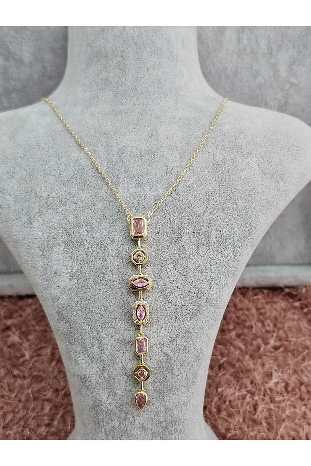 Gold Color Pink Colored Stone Steel Y Necklace