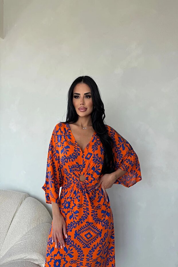 Women's Summer V-Neck Ring Low-Cut Ankle-Length Woven Dress 2E-2334