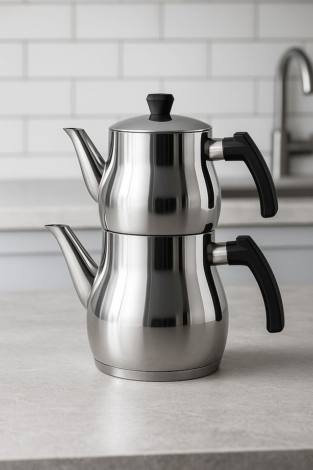 Klasik Çaydanlık Takımı – 0,8l Demlik 1,25l Alt Demlik – Paslanmaz Çelik – Soğuk Tutma Saplı - 6