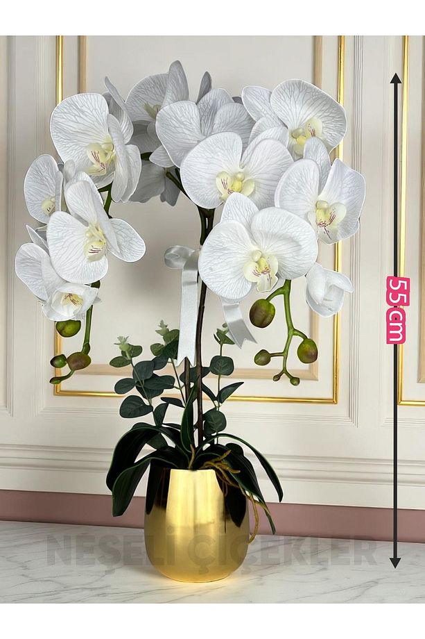 Yapay Orkide Premium Kalite Doğal Görünümlü Gold Saksı Yapay Çiçek 55 cm Hediye Yapay Salon Çiçeği - 4