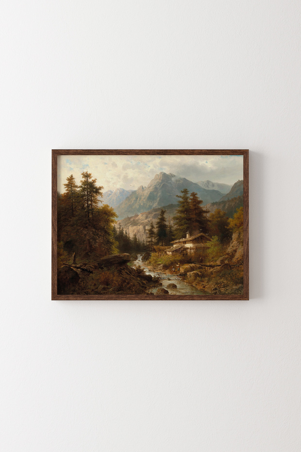 Mountain Landscape with a Fisherman in a Valley - Wooden Patterned Frame