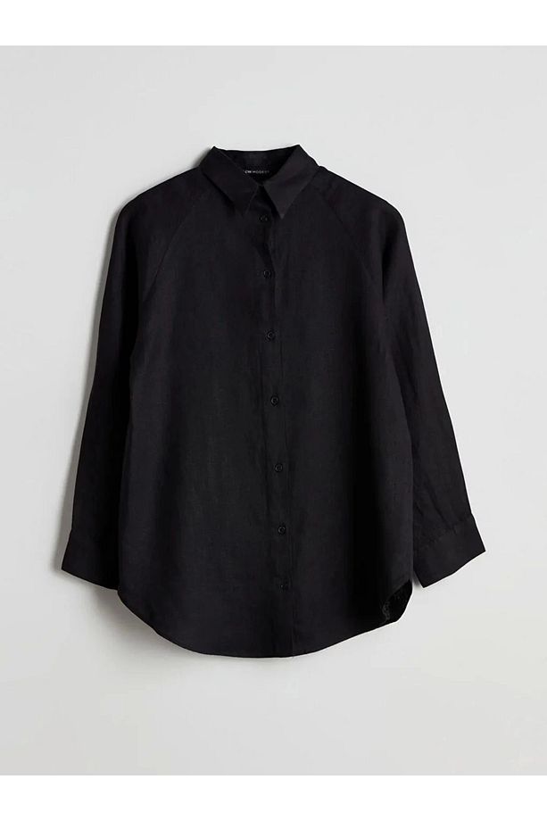 LC W Modest Siyah Oversize Keten Kadın Gömlek - 3