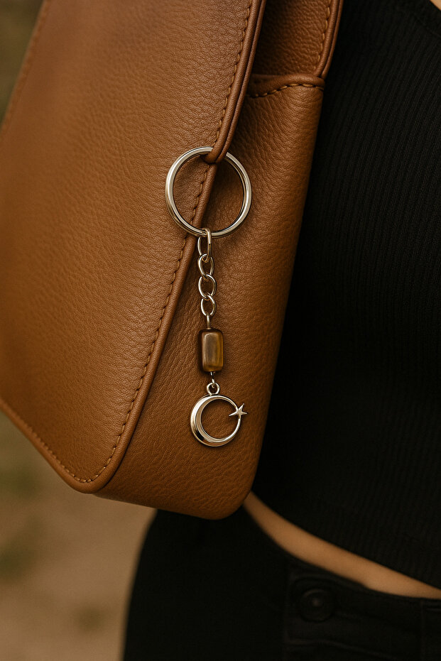 Moon Star Tip Keychain with Tiger's Eye Natural Stone Detail