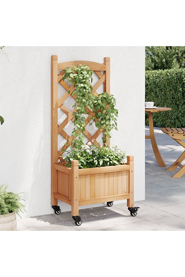 Planter with Trellis and Wheels Brown Solid Wood Fir