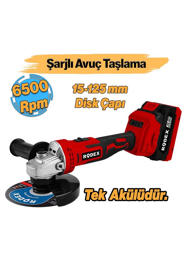 Rodex Akülü Şarjlı Avuç Taşlama Spiral Makinesi 20 Volt 4.0 mAh 115 - 125 mm Disk Çapı Kömürsüz - 1
