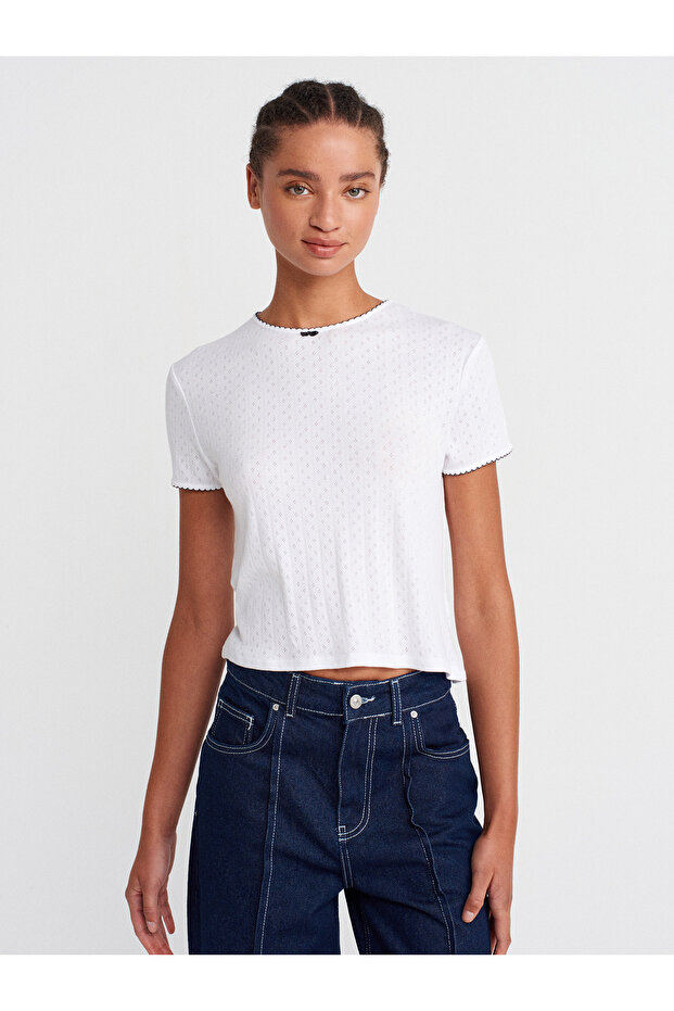 31795 Bow Detailed Short Sleeve Contrast T-Shirt-White