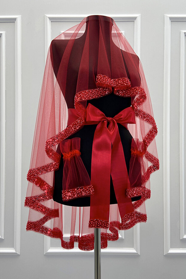 Red Bridal Veil Set, Pearl, Sequins and Glass Beads Embroidered, Henna Night Veil Set 6 Pieces