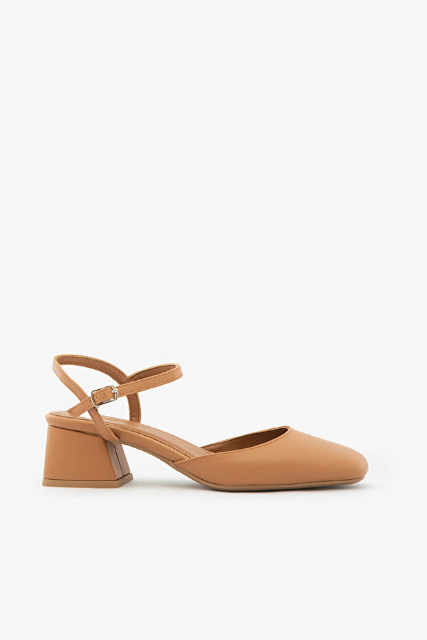 Tan Genuine Leather Ankle Strap Square Toe Block Heeled Women's Shoes