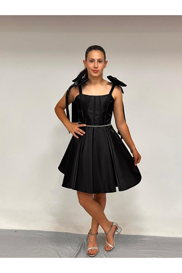 Girl's Evening Dress with Straps Black Shiny Fabric Short Strap Ribbon Detailed Evening Dress 10-15 Years