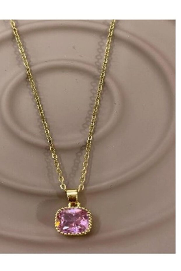 Square Pink Zircon Stone Gold Color Steel Necklace