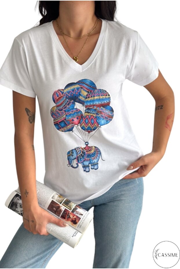 Women's White Balloon Elephant Pattern Colorful Sequins Sequin Embroidered V-Neck 100% Cotton T-Shirt