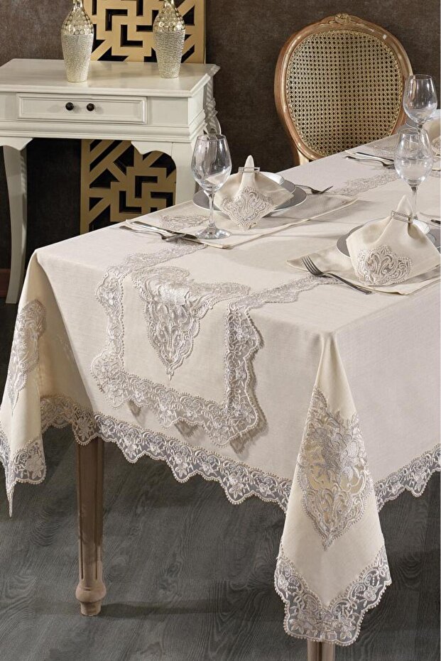 Katre French Lace Linen Dinnerware Set - 26 Piece Cappucino